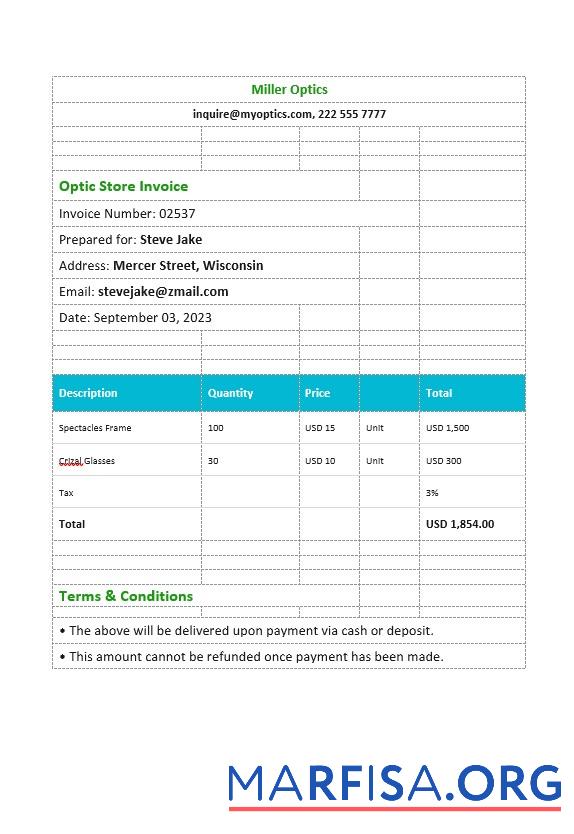 Printable Optical Store Invoice Template